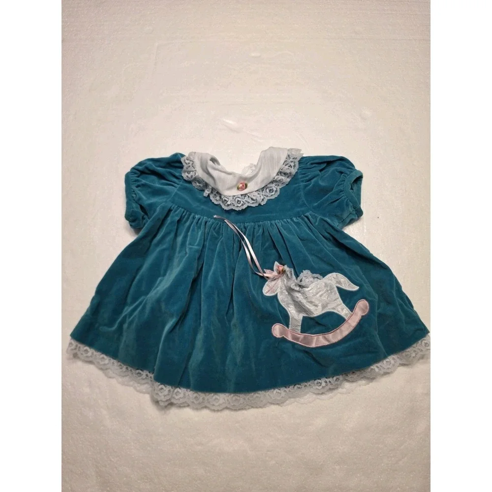 Vintage Nannette Baby Girls Velvet Dress 6-9 M Teal Rocking Horse Lace Collar